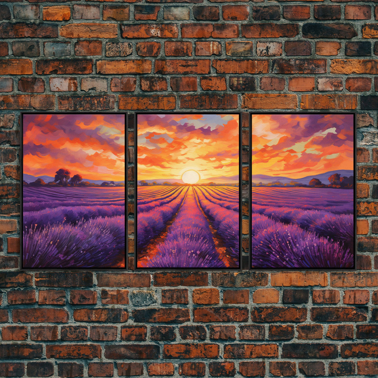 Purple Lavender Fields, 3 Piece Wall Art, Framed Canvas Print, Beautiful Original Landscape Painting, Sunset Painting, Farmhouse Decor