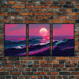 Outrun Style Synthwave Sunset Ocean Waves, 3 Piece Wall Art, Ready To Hang Canvas Print, Cool Unique Lakehouse Wall Art Decor