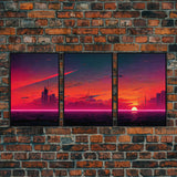 Cyber punk City At Sunset, Outrun, 3 Piece Wall Art, Ready To Hang Canvas Print, Cool Unique Mancave wall Art Decor