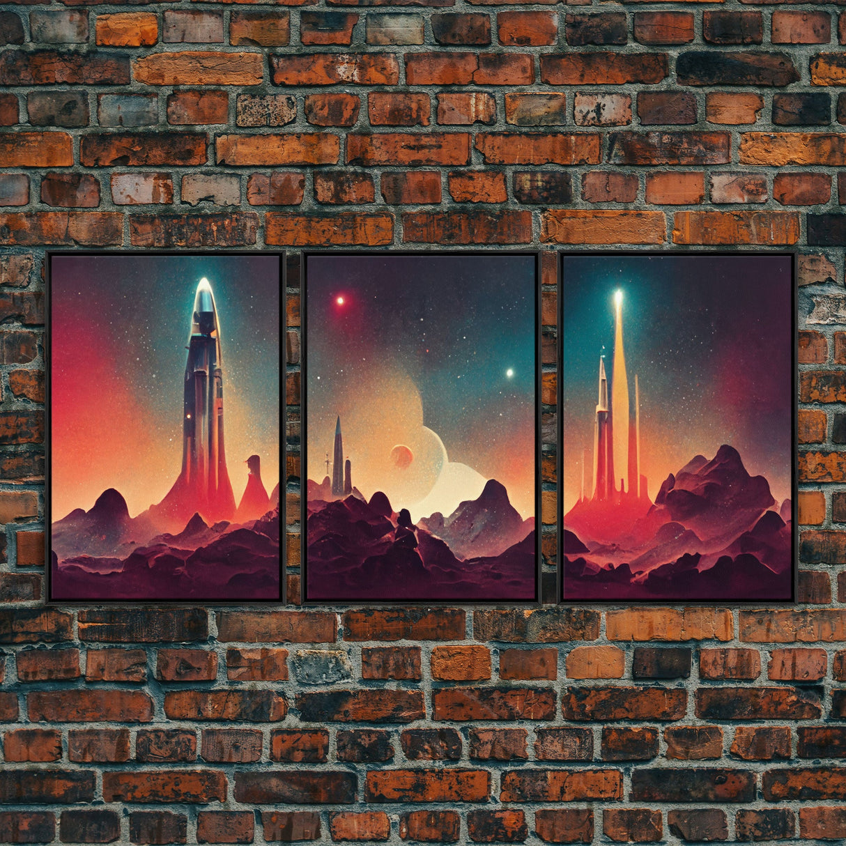 Art Deco Scifi Art, Science Fiction Space Ships, 3 Piece Wall Art, Ready To Hang Canvas Print, Cool Unique Mancave wall Art Decor