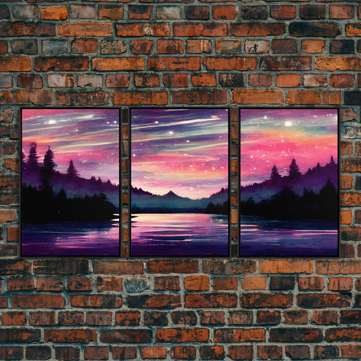 Starry Night Magical Forest Fantasy Landscape, 3 Piece Wall Art, Ready To Hang Canvas Print, Cool Living Room Wall Art Decor