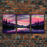 Starry Night Magical Forest Fantasy Landscape, 3 Piece Wall Art, Ready To Hang Canvas Print, Cool Living Room Wall Art Decor