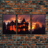 3 Piece Canvas Wall Decor, Ready To Hang Canvas Prints, Victorian Style Haunted House, Spooky Halloween Wall Art Decor