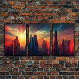 Cyberpunk City At Sunset, Futuristic, 3 Piece Wall Art, Ready To Hang Canvas Print, Cool Living Room Wall Art Decor