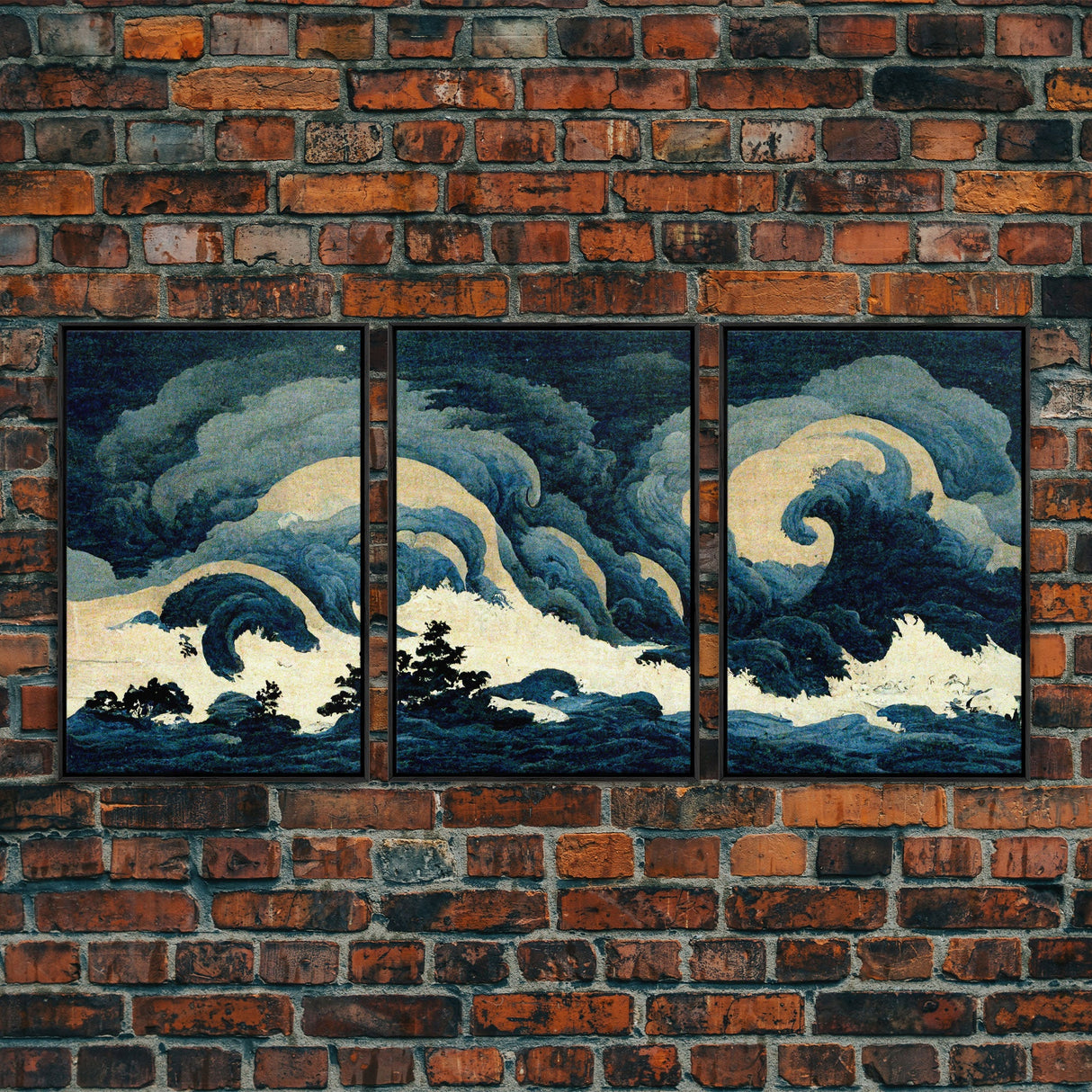 Retro Japanese Style Wave Art, A Storm Torrent, 3 Piece Wall Art, Ready To Hang Canvas Print