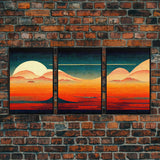 Retro Japanese Style Sunset Art, A Storm Torrent, 3 Piece Wall Art, Ready To Hang Canvas Print