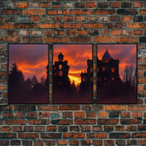 3 Piece Canvas Wall Decor, Ready To Hang Canvas Prints, Victorian Style Haunted House, Spooky Halloween Wall Art Decor