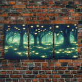 Fantasy forest wall decor, ready to hang 3 piece canvas print, 3 piece wall art, firefly wall art, Fireflies In A Fairy Forest at Night