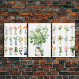 3 Piece Set, Cute Kawaii Floral Print, Flowers In Vases, Framed Wall Art, Canvas Print, Botanical Wall Decor, Dried Flower Large Art