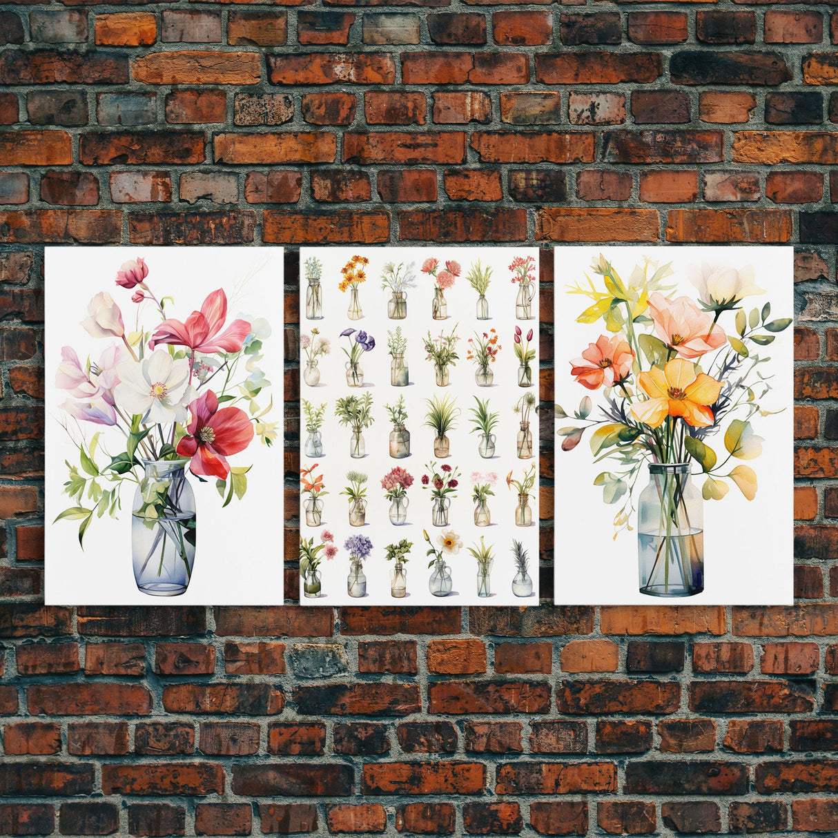 3 Piece Set, Cute Kawaii Floral Print, Flowers In Vases, Framed Wall Art, Canvas Print, Botanical Wall Decor, Dried Flower Large Triptych