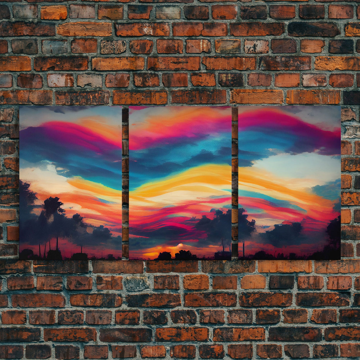 Psychedelic sunrise, beautiful colorful wall art, 3 piece canvas print, three piece wall art, living room above the couch art