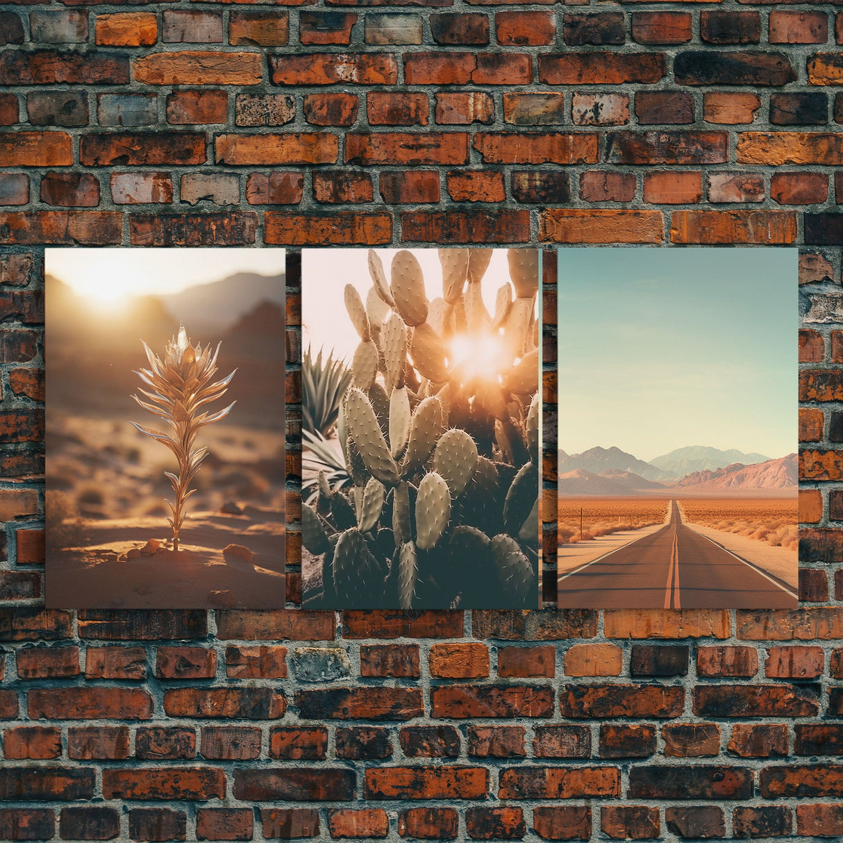 3 Piece Triptych Framed Canvas Wall Art Set of 3 Cactus Desert Landscape Arizona Road Photography Prints Minimalist Modern Art Western Decor