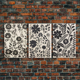 Black and White Floral Print, 3 Piece Framed Canvas Art, Boho Rustic Farmhouse Decor, Living Room Art, Minimalist Wall Art