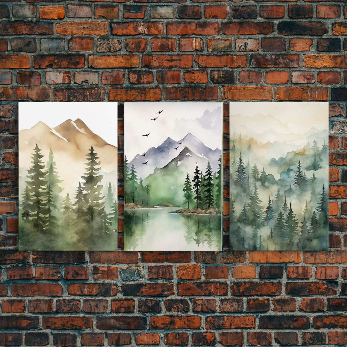 Triptych Framed Canvas Wall Art Set of 3 Green Forest Mountain Nature Landscape Prints Minimalist Modern Art, Woodland Nursery Decor