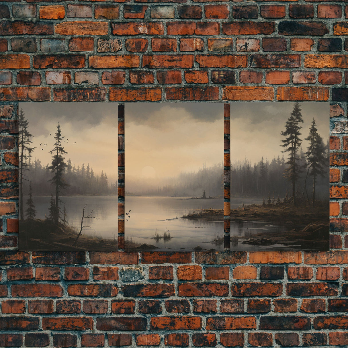 Moody 3 Piece Canvas Wall Art, Solumn PNW Lake At Sunset, Framed Canvas Print 3 Panel Set, Original Landscape Painting, Pacific Northwest