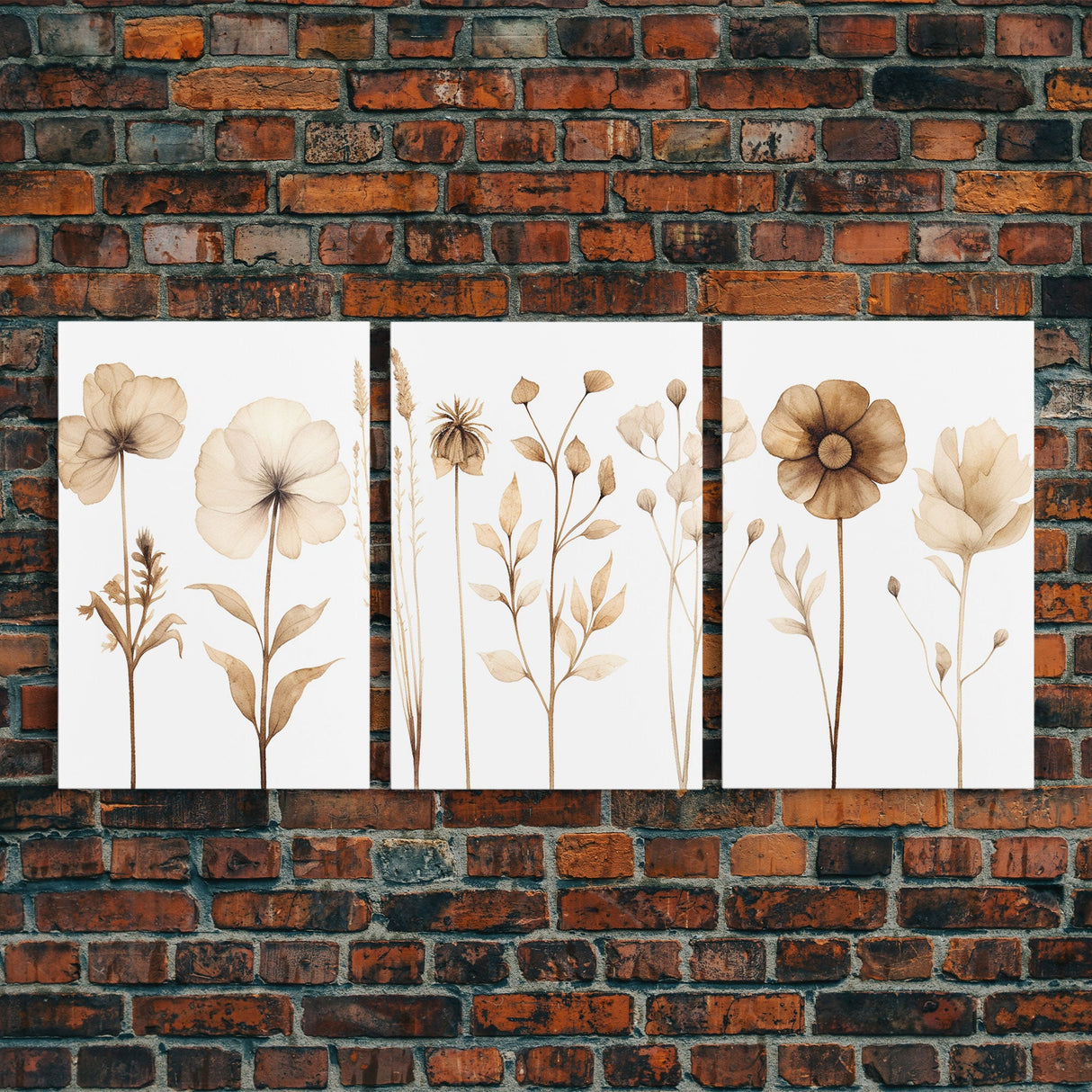 Boho Style Minimalist Farmhouse 3 Piece Wall Art, White Background Wildflowers, Botanical Floral Art, Rustic Chic Decor