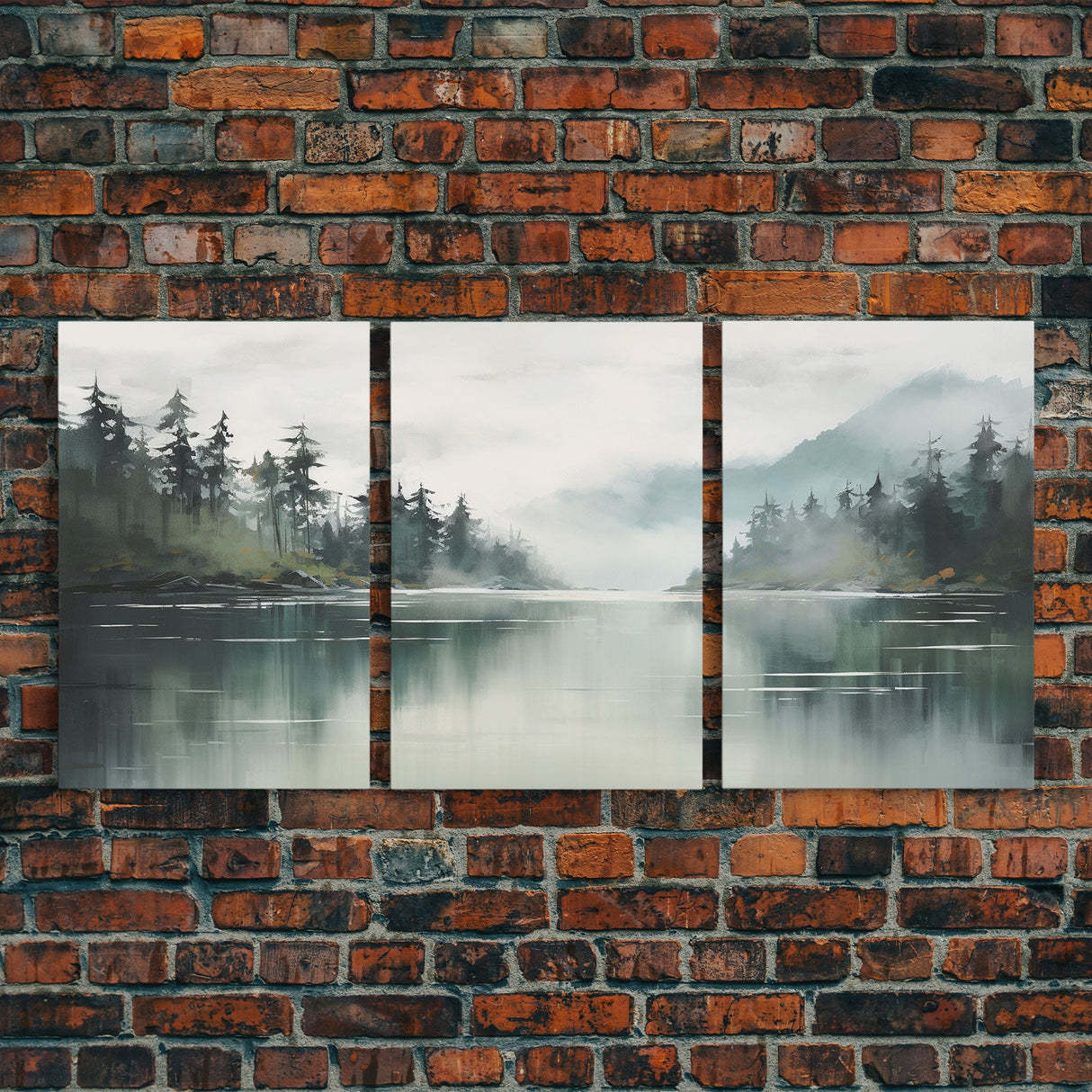 3 Piece Triptych Canvas Print Set, Oil Painting Landscape Painting, Tropical River Scene, Minimalist Boho Decor