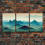 Emerald green rolling hills, fantasy mountains, 3 piece wall art, 3 piece canvas print, cool home wall decor