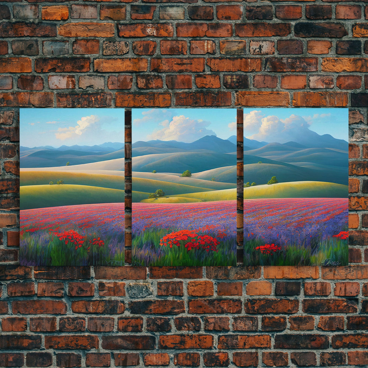 Colorful rolling hills, flower fields, landscape art,  3 piece wall art, 3 piece canvas, cool centerpiece living room wall art