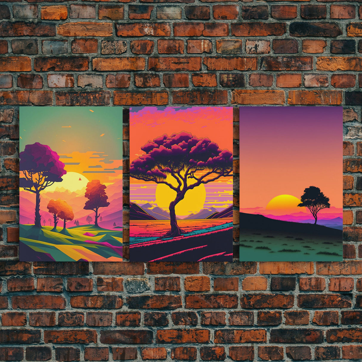 Triptych 3 panel Wall Art, Framed Canvas Prints, Synthwave Landscape Decor, MCM 80s Vibes Retro Style 3 Piece Art