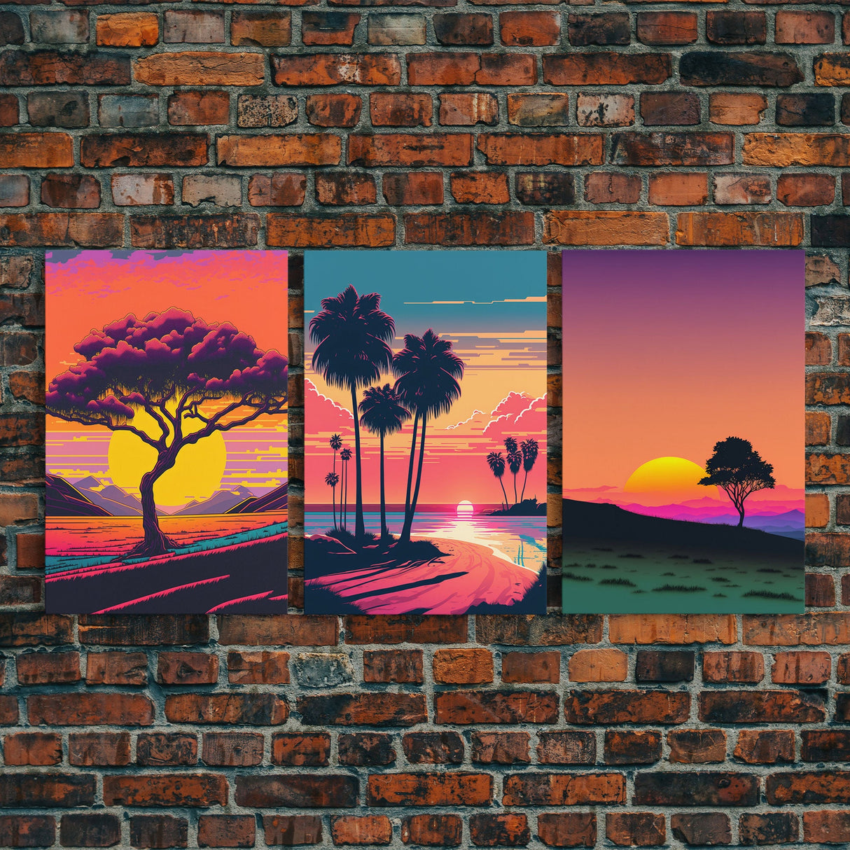 Triptych 3 panel Wall Art, Framed Canvas Prints, Synthwave Landscape Decor, MCM 80s Vibes Retro Style 3 Piece Art