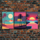 Midcentury Modern Wall Art, Mid Century Modern, 3 Piece Framed Canvas, 3 Panel Art, Triptych Art, Vaporwave Palm Trees and Sunset, 80s Retro