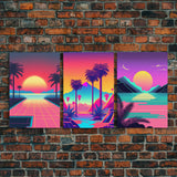 Retro 80s Style Art, 3 Panel Framed Canvas Prints, Canvas Wall Art, Synthwave / Vaporwave Aesthetic Retro Style Wall Art