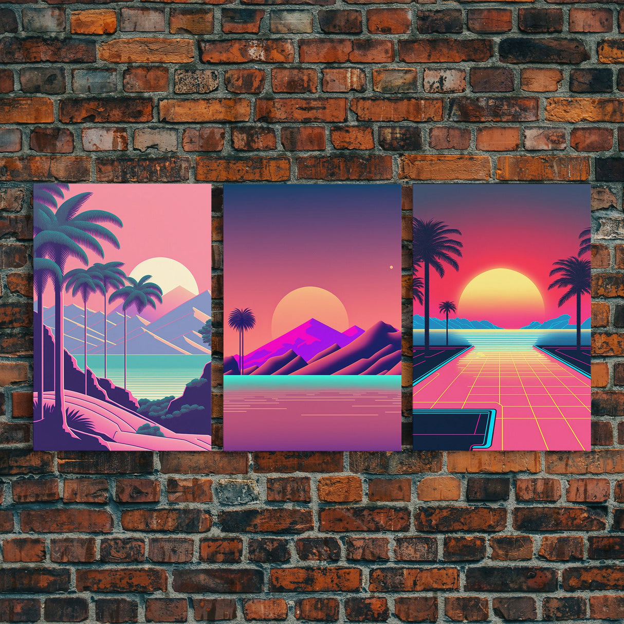 Retro 80s Style Art, 3 Panel Framed Canvas Prints, Canvas Wall Art, Synthwave / Vaporwave Aesthetic Retro Style Wall Art, Pink Wall Decor