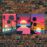 Midcentury Modern Wall Art, Mid Century Modern, 3 Piece Framed Canvas, 3 Panel Art, Triptych Art, Vaporwave Palm Trees and Sunset, 80s Retro