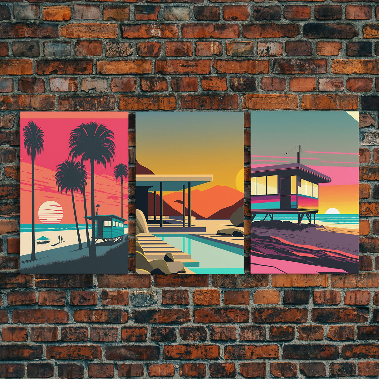 MCM Style Retro Wall Decor, Framed Canvas Prints, Triptych 3 Panel Wall Art, Retrowave Beach Art, Synthwave / Vaporwave Architecture Art