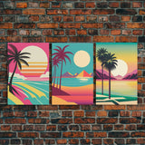 Beautiful Turquoise Retro Style Beach Art, Triptych 3 Panel Framed Canvas Prints, Palm Trees and Sunset, 80s Vibes Vaporwave Art Deco Mashup