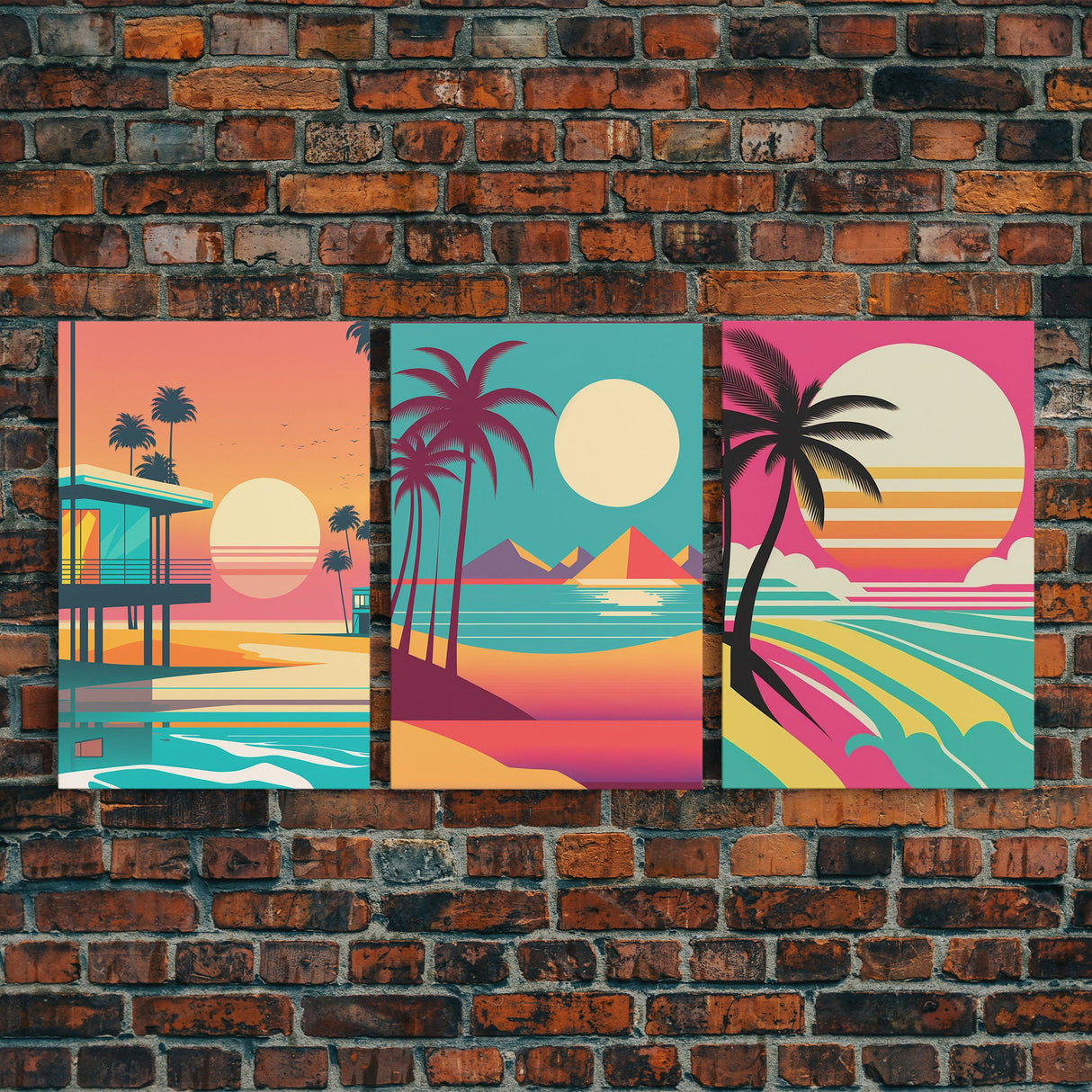 Midcentury / At Deco / Vaporwave mashup, Palm Trees & Beach Art, Framed Canvas Prints, 3 Panel Triptych Art, 80s Vibes