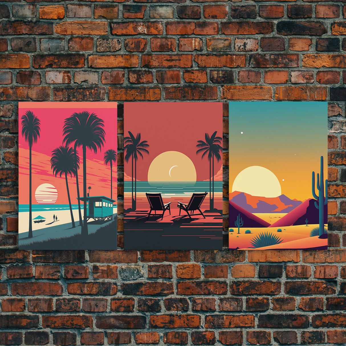 Beach Vibes - Midcentury / Art Deco / 80 Vibes Mash up - Framed Canvas Prints - Turquoise Sky and Palme Trees - 3 Panel Art, Triptych Prints