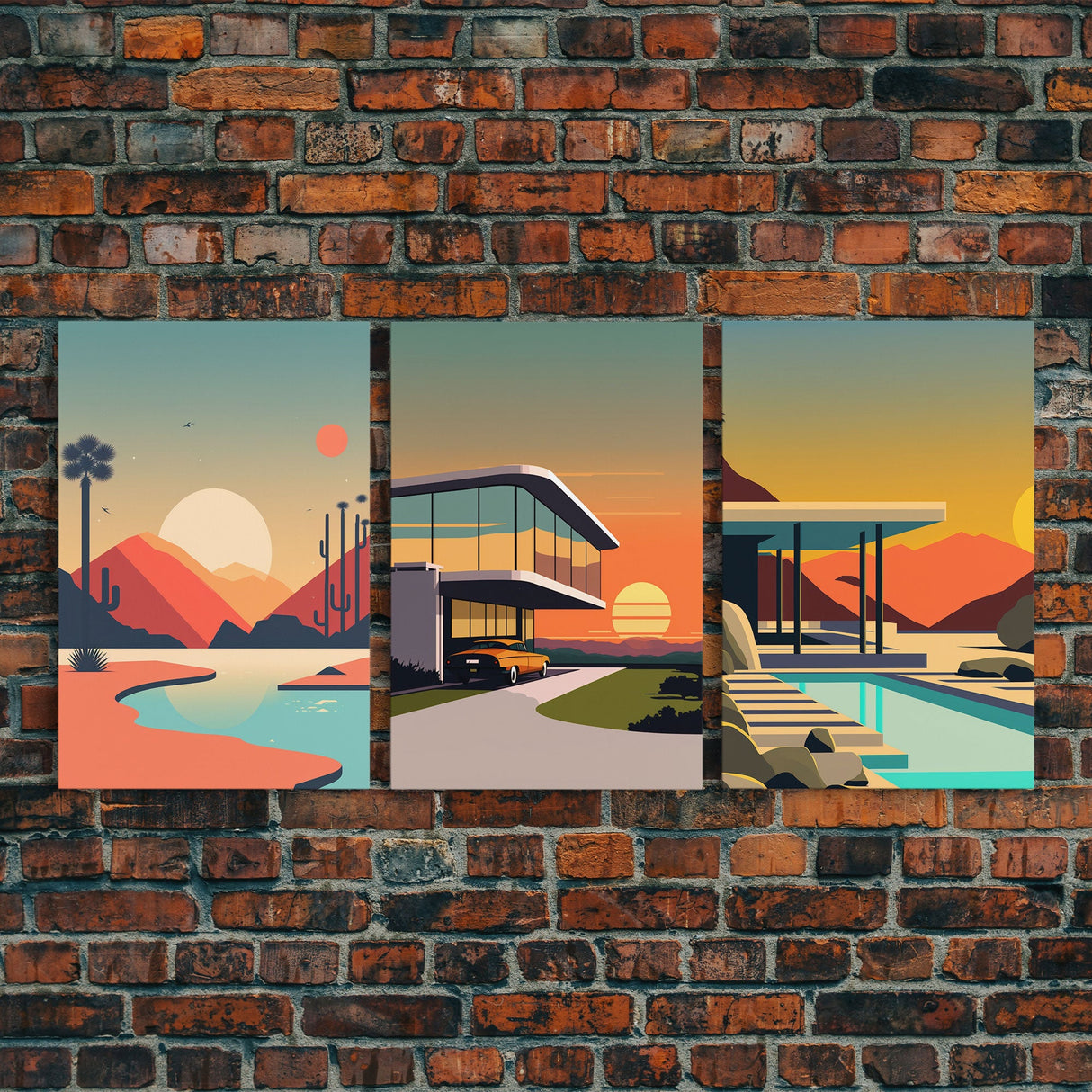 Midcentury Modern Architecture Art, Framed Canvas Prints, Retro Style Retrowave Art, 3 Panel Canvas, 3 Piece Art Set, Sunset Art