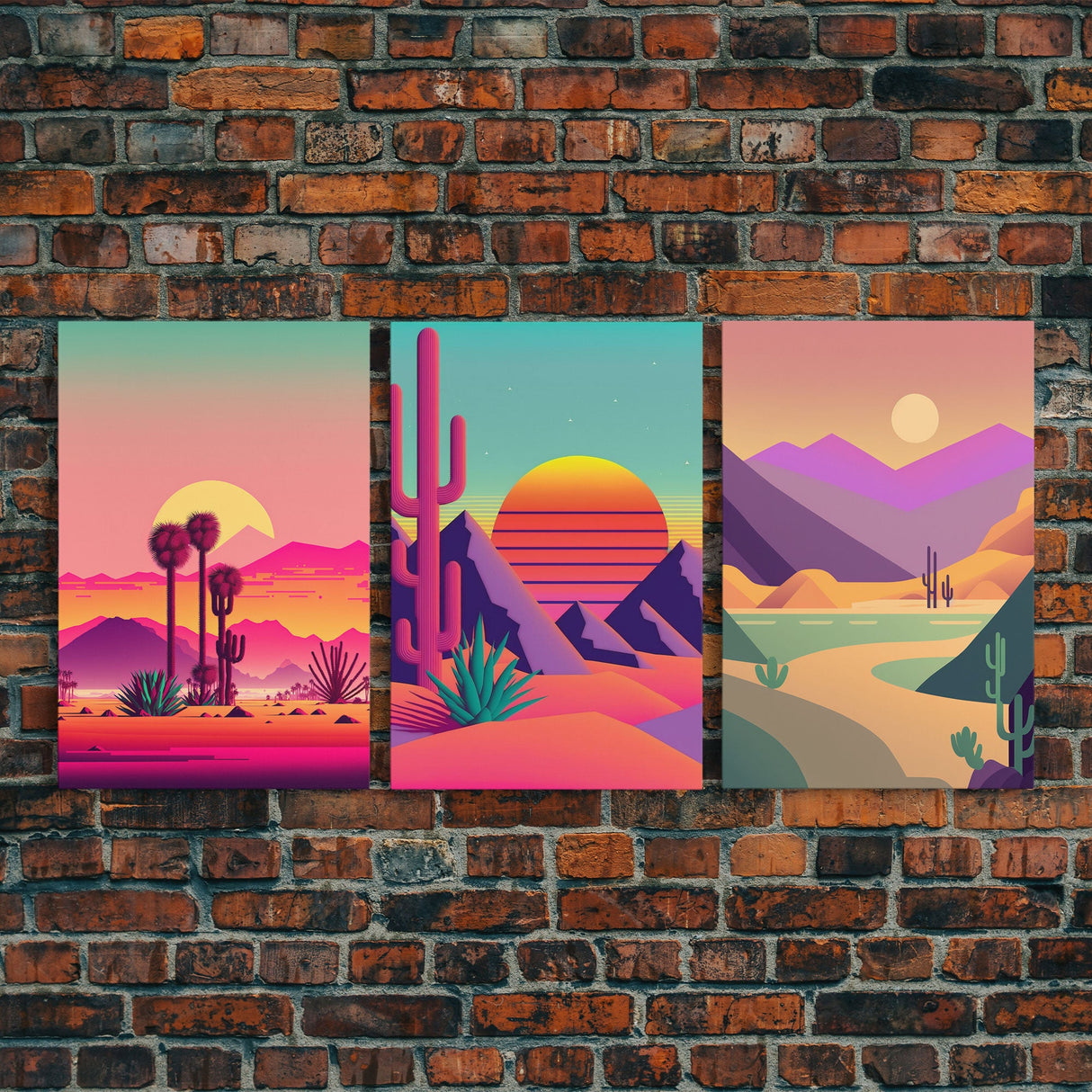 3 Piece Framed Canvas Wall Art, Synthwave / Vaporwave Sunset, Palme Trees and Cactus, Mid Century Modern Home Artwork Boho Decor for Bedroom