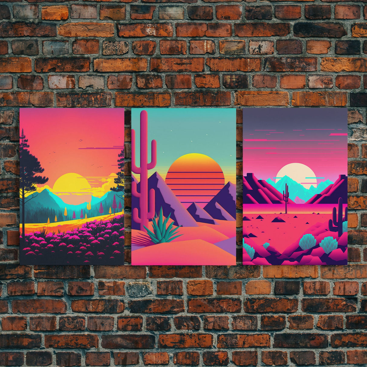 Retro Synthwave Style 80s Vibes Art, 3 Panel Canvas, Triptych Art, Framed Canvas Prints, Sunset, Pink Hues, Pastel Art, Vaporwave Decor