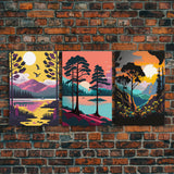 3 Piece Framed Canvas Wall Art Wood Panel Effect Mountain Range Top Print Modern Art, Rustic Living Room Wall Art, Western Decor, Retro Feel