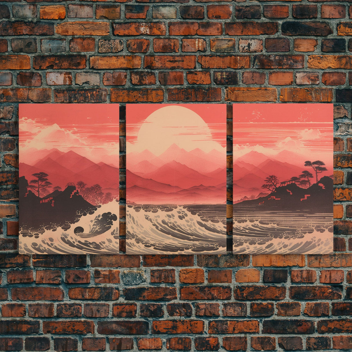 Ocean Wall Art, Ocean Waves, Mountains Print, Sunset Print, Canvas Print, Wall Art, 3 Piece Wall Art, Retro Wall Decor, Seascape Wall Art