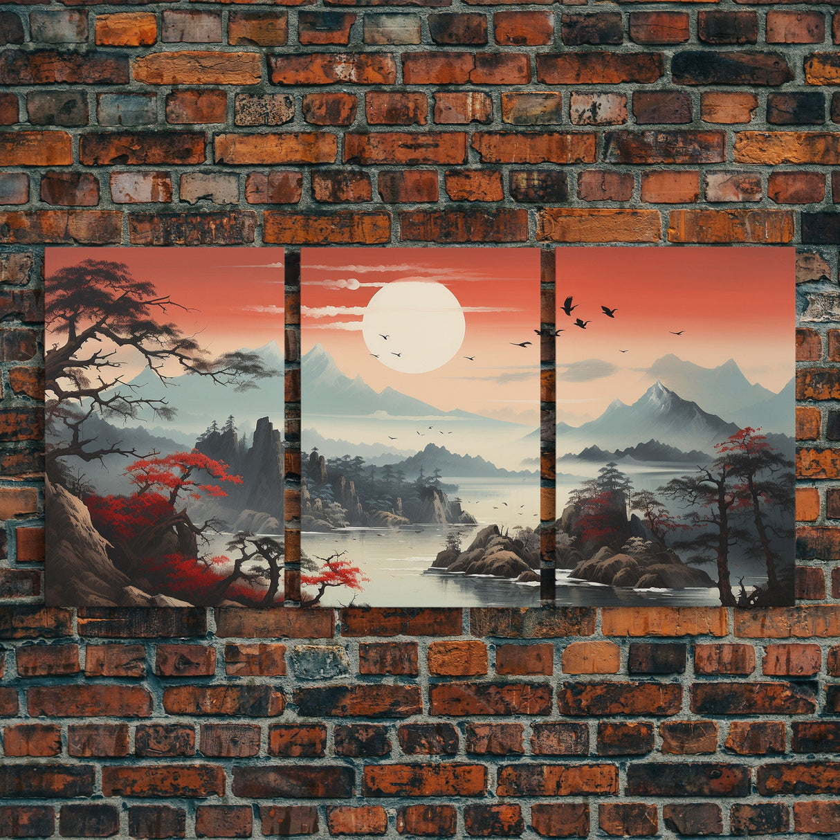 Japanese Wall Art, Mountains Print, Sunset Print, Canvas Print, Wall Art, 3 Piece Wall Art, Unique Wall Decor, Living Room Wall Art