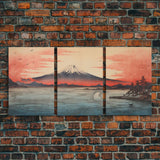 Japanese Ukiyo-e Mountains Sunset Set of 3 Prints, Japanese Ink Block, Ukiyo-e Wall Art, Living Room Art, Above Bed Decor, 3 Panel Print Set