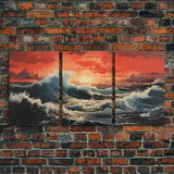 Asian Art, Japanese Wall Art, Ocean Waves, Sunset Art, Canvas Print, Wall Art, 3 Piece Wall Art, Trendy Wall Art, Modern Art Prints