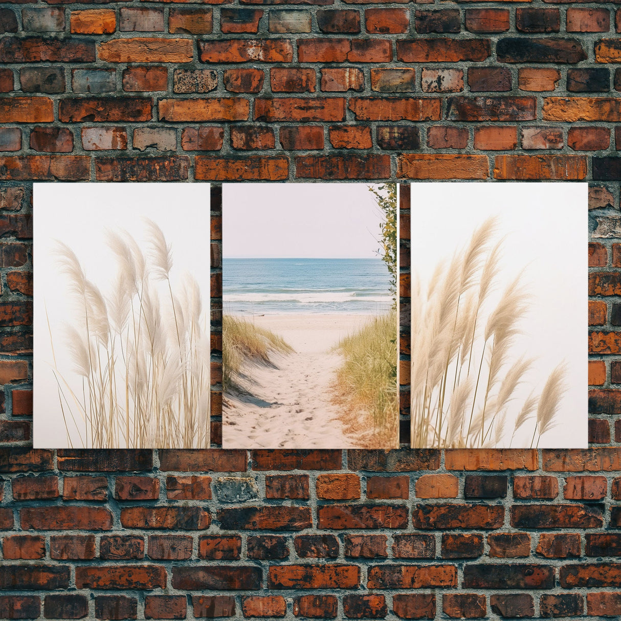 Set of 3 Pampas Grass, Beach Ocean Shore Photography Prints, Minimalist Modern Art Neutral Coastal Room Decor Framed Canvas Wall Art