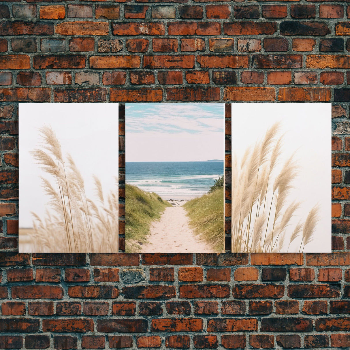 Beautiful Set of 3 Pampas Grass Beach Ocean Shore Photography Prints Minimalist Modern Art Neutral Coastal Room Decor Framed Canvas Wall Art