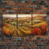 Italian Vineyard Framed Canvas Prints, Minimalist Fall Decor, Fall Centerpiece Art, Autumn Centerpiece, 3 Piece Art, Large Wall Art