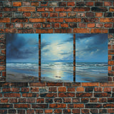 Night Time Beach Art, Framed Canvas Prints, Triptych 3 Panel Wall Art, Tropical Decor, Centerpiece Art