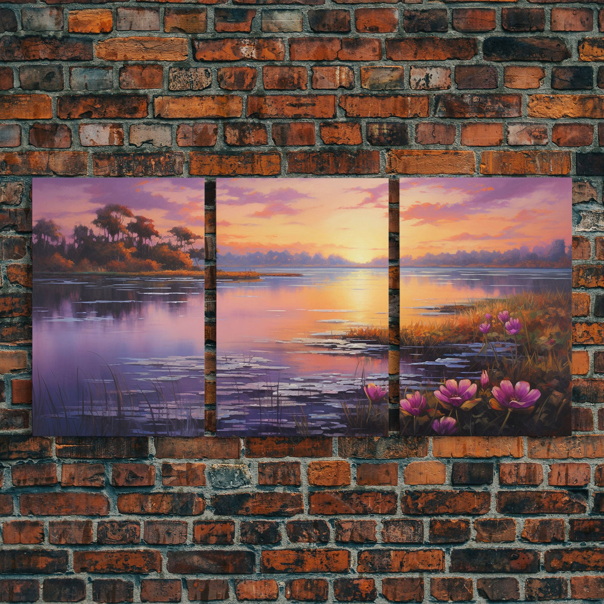 Beautiful 3 Piece Wall Art, Framed Canvas Print, 3 Piece Set, Lake House Decor, Sunset Over The Purple Marsh, Above Sofa Art