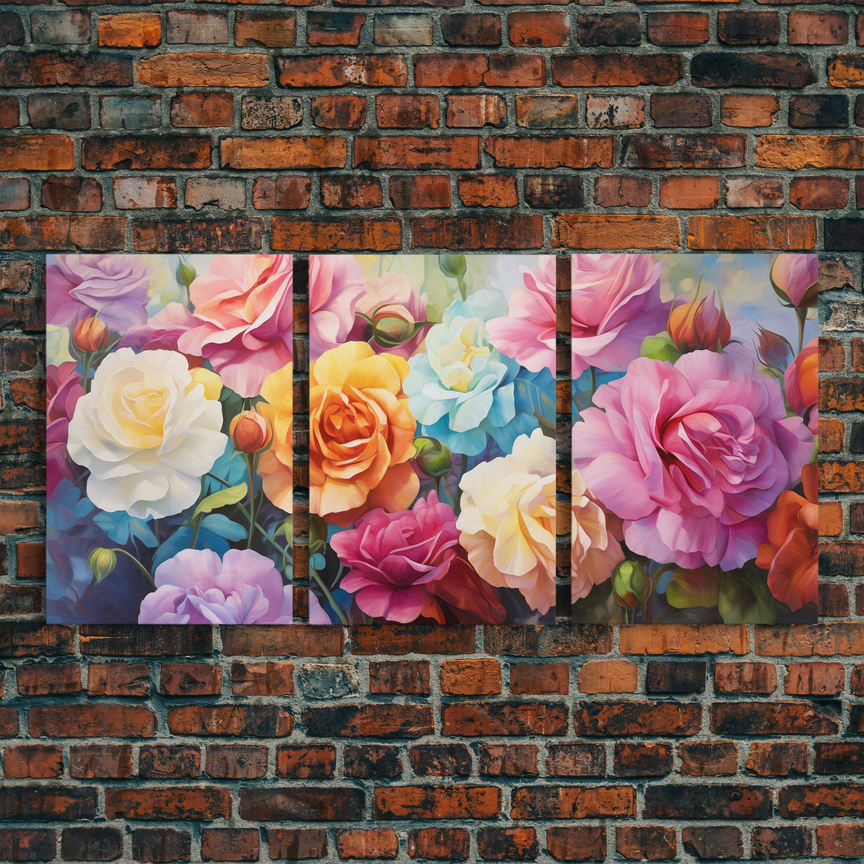 Beautiful Rose Art, Framed Canvas Print, Floral Art, Botanical  Decor, Blue and Yellow Roses, 3 Piece Art Set