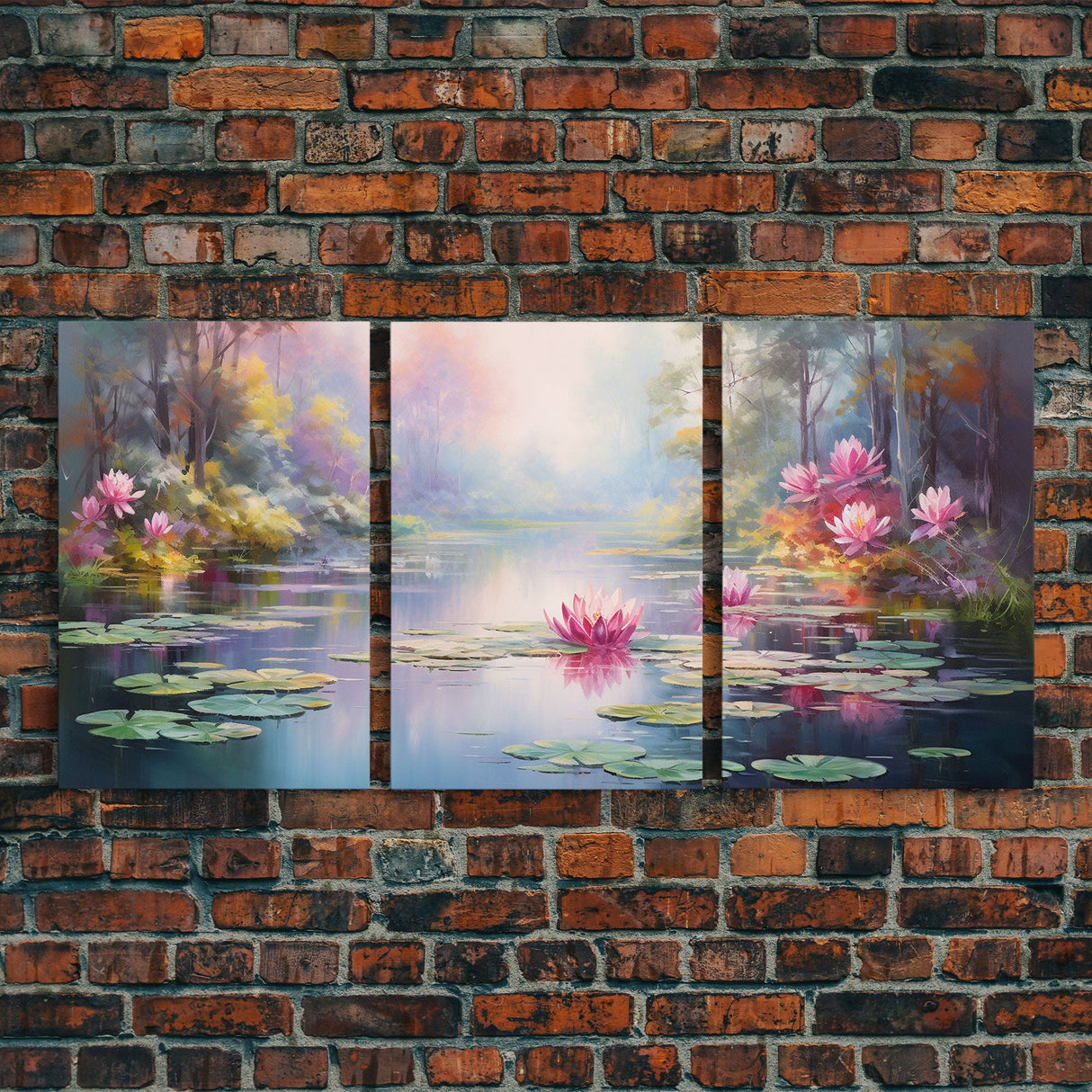 The Lilly Pads, Framed Canvas Prints, 3 Piece Art, Beautiful Pond Painting, Centerpiece Art, Nature / Landscape Painting