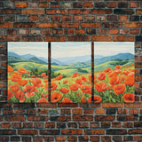 The Poppy Fields, Beautiful Red Flowers, Wildflower Art, Framed Canvas Prints, 3 Piece Set, Triptych, Wall Art, Botanical Art, Boho Decor