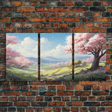 Cherry Blossom Art, Landscape Print, Mountain Wall Art, Canvas Print, Set Of 3 Prints, Wall Art, 3 Piece Wall Art, Country Home Decor